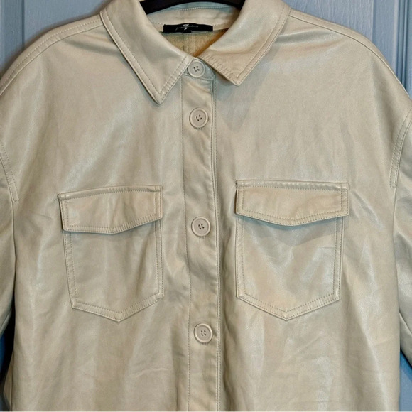 7 For All Mankind Button Up Shirt Size Medium Cream Faux Leather Oversized READ - Picture 3 of 12